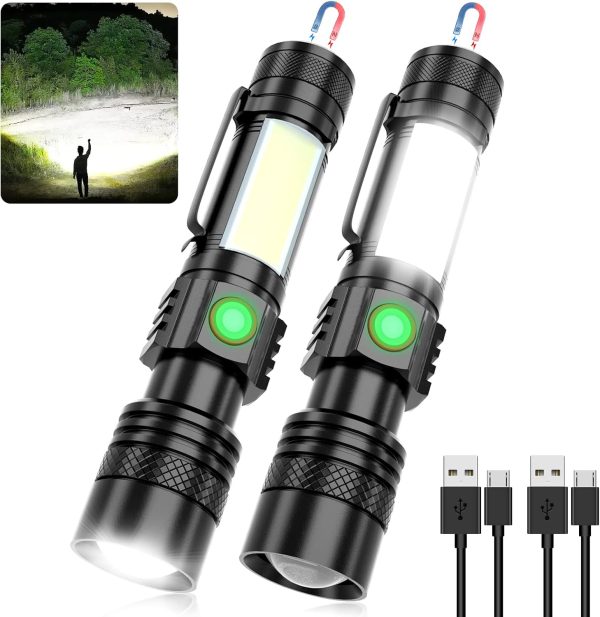 USB Rechargeable Flashlight, LED Magnetic Flashlights Super Bright Tactical Flashlights with  Sidelight Waterproof Zoomable 6 Modes USB Rechargeable for Camping Emergency